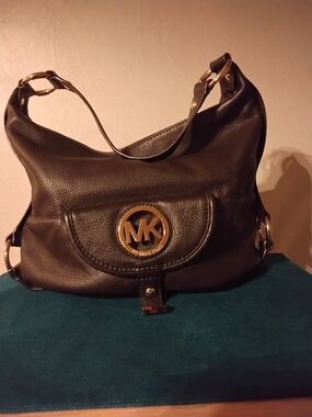 Michael Kors Dark Brown Pebbled Leather Shoulder Bag with Gold MK Logo